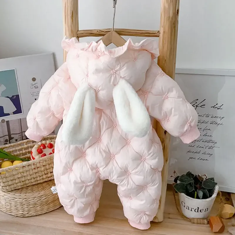 

2023 Cute Long Ears Hooded Overalls Baby Girls Romper Jumpsuits Winter Thicken Warm Onesie Cartoon Bodysuit Soft Kids Clothes