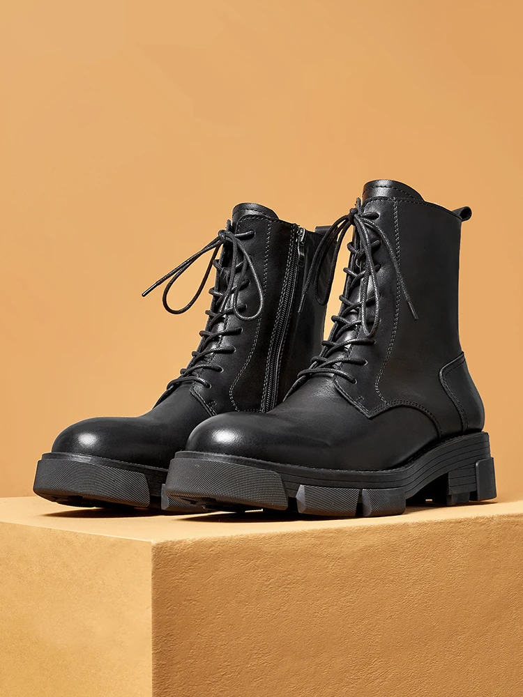 Vintage Men\'s Autumn Winter British Mid-calf Boots Top Layer Cowhide Thick Heel Riding Shoes