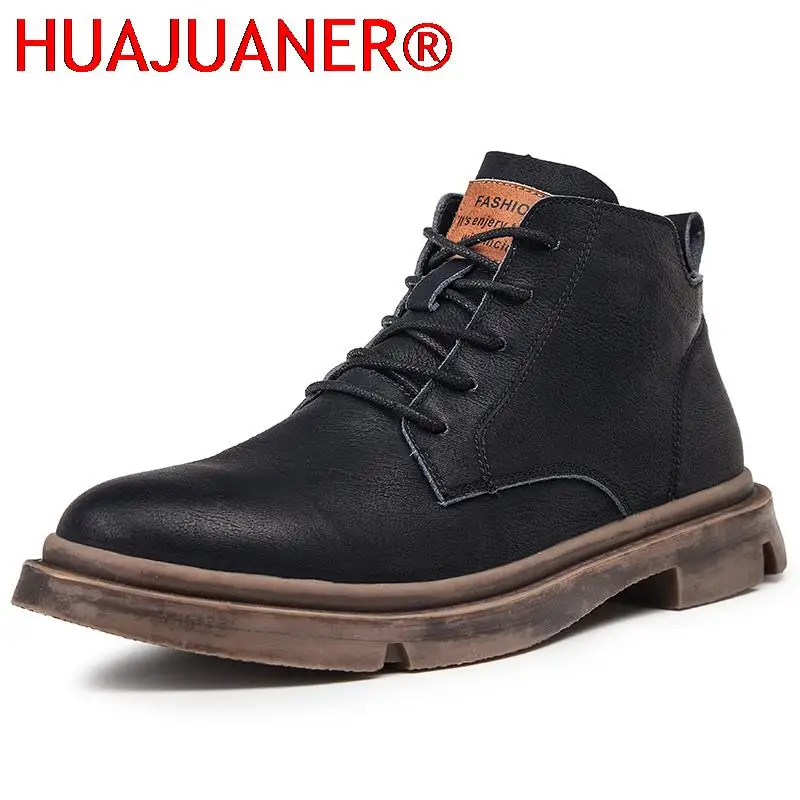 New Men's Leather Boots  Casual High Top British Style Non-Slip Jeans Boots Fashion Ankle Boots Business Shoes Erkek Bot