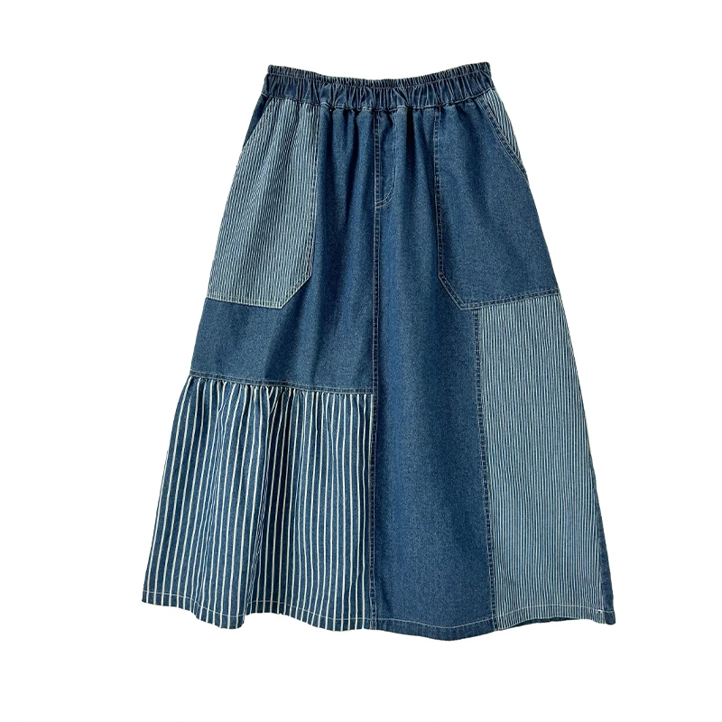 

Цветная блузка в стиле ретро, джинсовая юбка в полоску с эластичной резинкой на талии, корейская универсальная облегающая летняя модная женская юбка