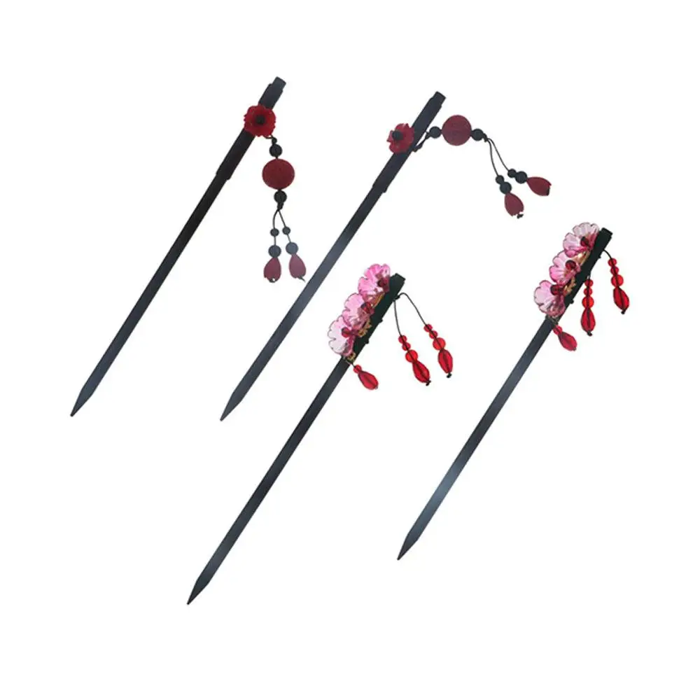 Antique Flower Wooden Hair Stick Red New Year Hanfu Hairpin Hair Sticks for Buns Tassel Cheongsam Accessories
