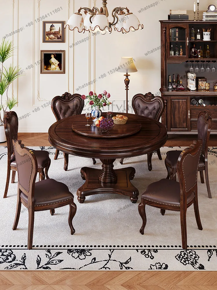 American solid wood dining table retro rural round dining table and chairs combination classic black walnut simple