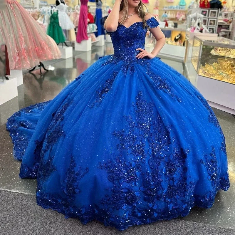 

Royal Blue Corset Exquisite Quinceanera Dresses Applique Lace Crystal Sequined Beading Ball Gown Off The Shoulder Tull vestidos