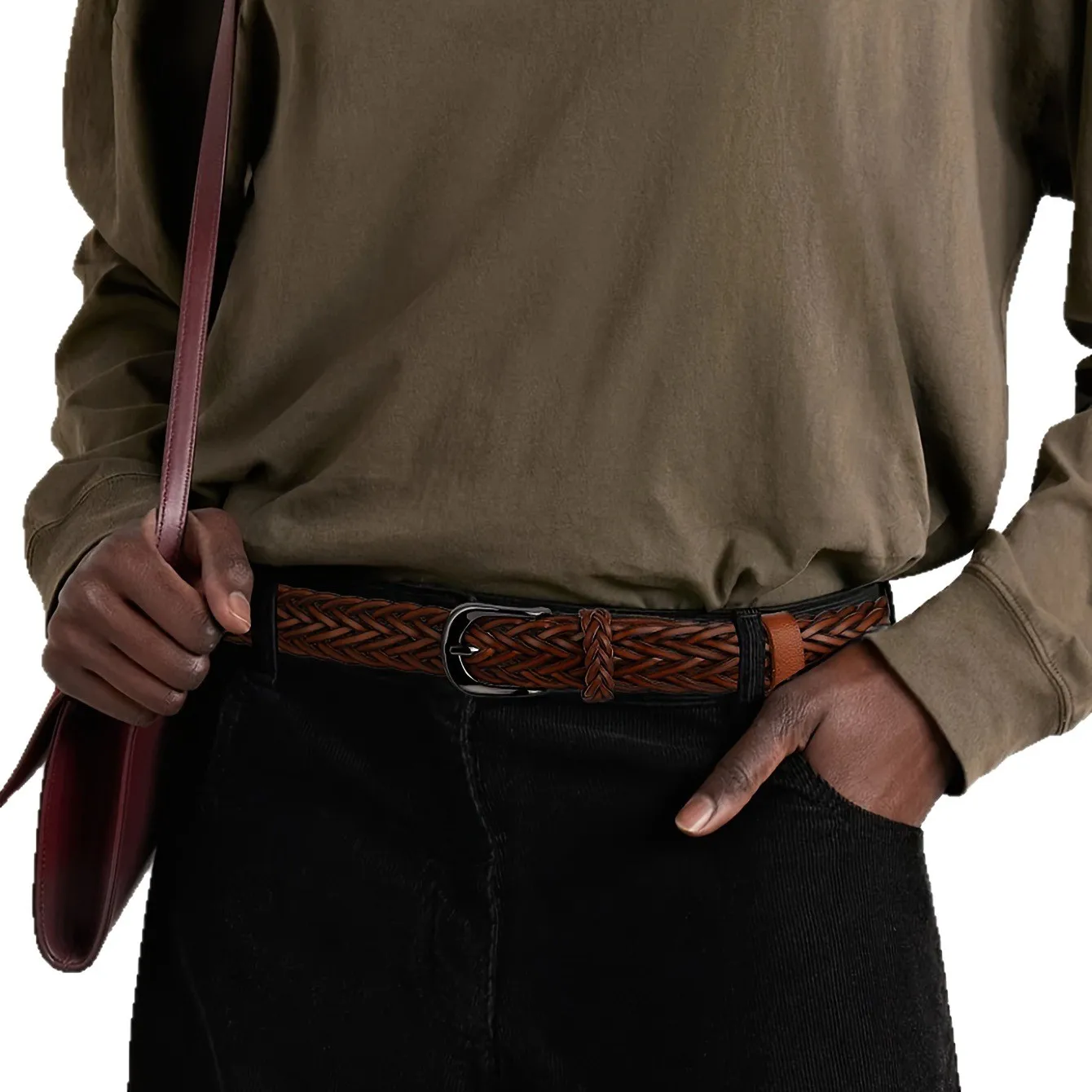 3cm Vintage Bohemian Hand Woven Genuine Leather Belts for Men and Women,Unisex Woving Classic Square Buckle Jeans Belt