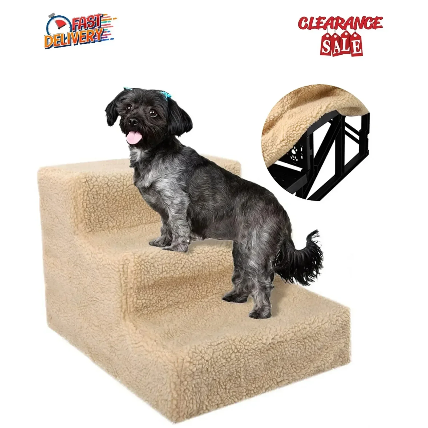 Clearance! Pet Stairs 3 Steps Indoor Dog Cat Steps Ramp Ladder for Puppies Up to 55 lbs, Beige