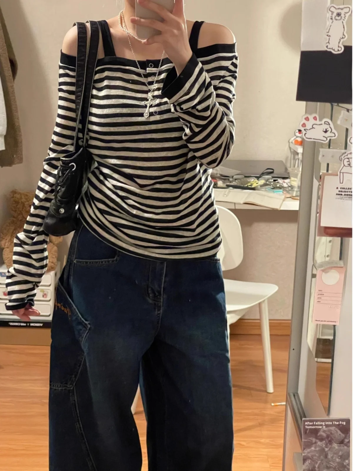 Early Autumn Korean Series Stripe Sling off-Shoulder Long sleeves Shirt Women 2024 New Plus size Chubby Girl Casual All-match...