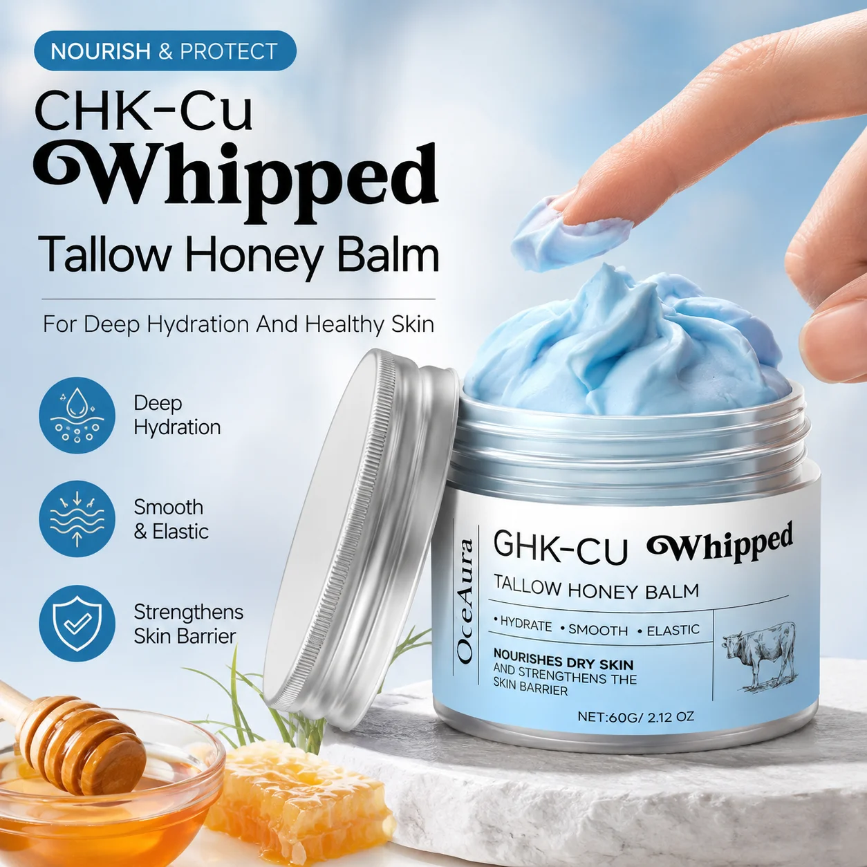 Copper Peptides GHK-Cu Beef Tallow Honey Balm For Face Body Deep Moisturizing Repair Dry Skin Natural Organic Face Moisturizer