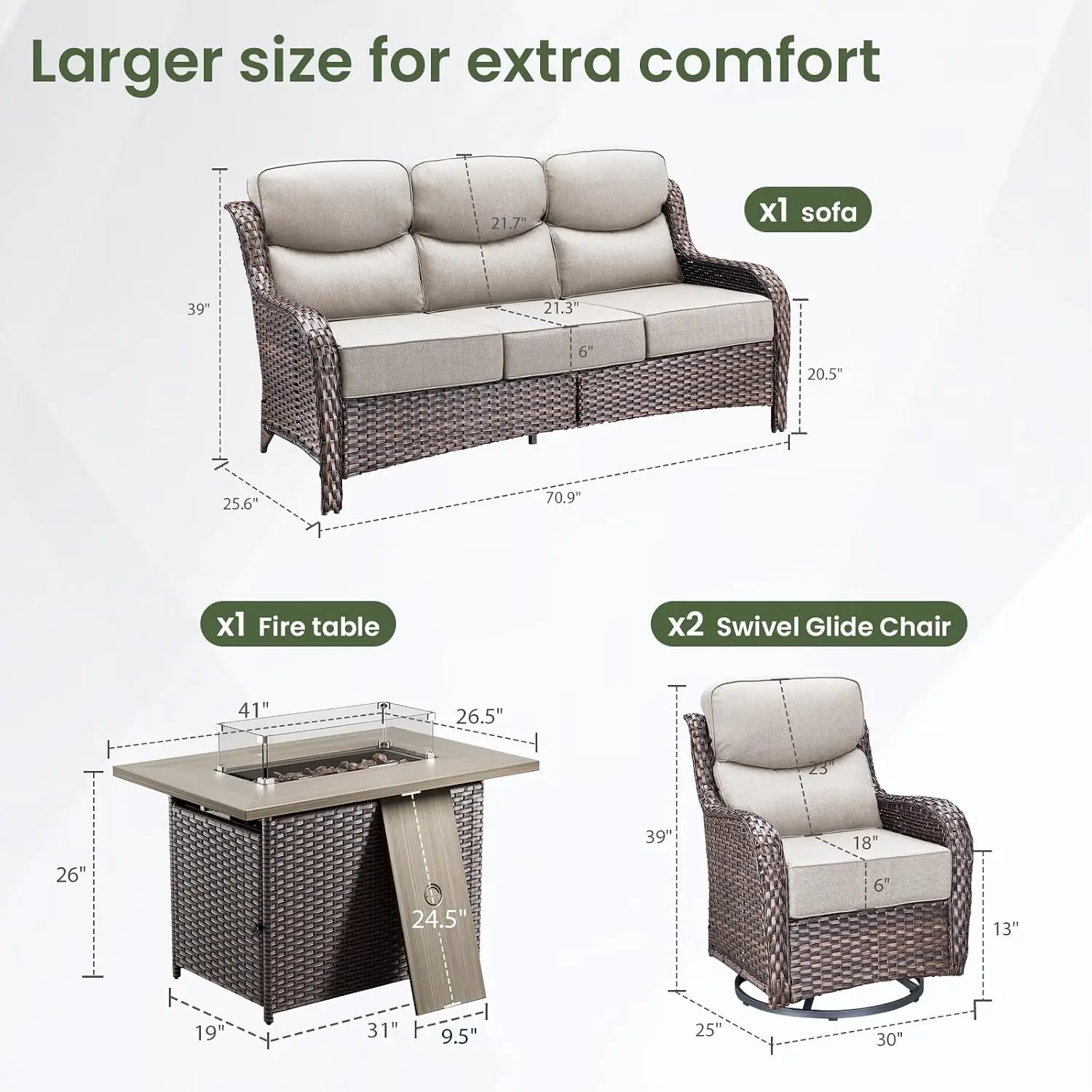 Luxury Patio Furniture Set with 6-inch Thick Cushion, Outdoor Furniture with Fire Pit Table, Swivel Chairs, Sofa,, Customized