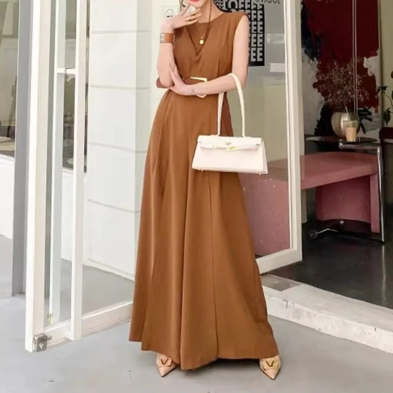 Chic Khaki Split Jumpsuits for Women with Sashes Korean Elegant Sleeveless Womens Clothing Streetwear Business Bodycon