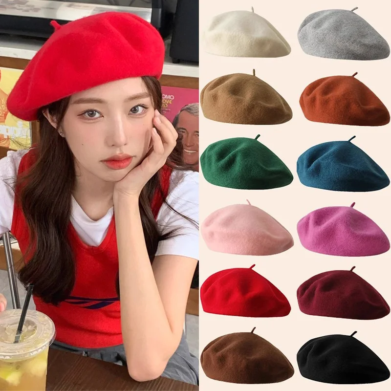 

New British Style Candy Color Wool Beret Hat Women Winter Warm Soft Painter Cap Vintage Beanie Casual Fashion Berets Accessory