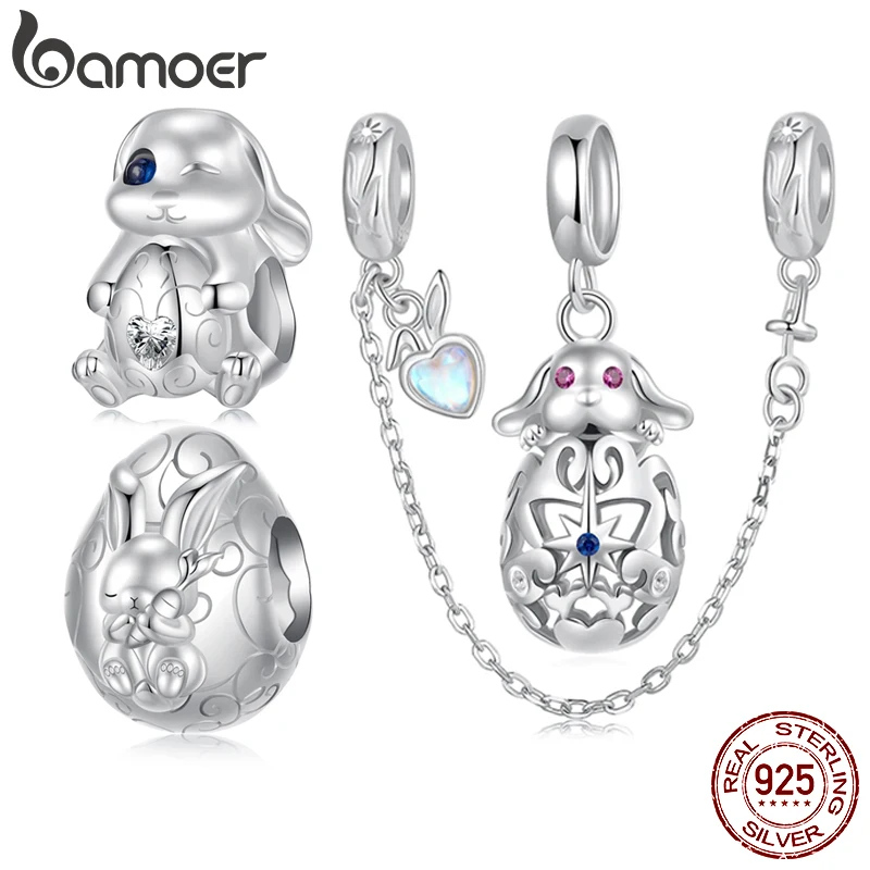 BAMOER Solid 925 Sterling Silver Easter Rabbit with Egg Charm Bead fit Original Bracelet DIY Jewelry Accessories bamoer Beads