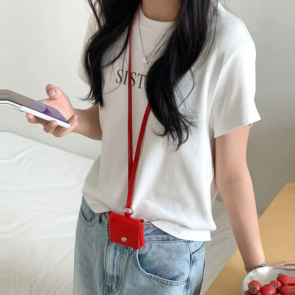 

Portable Hanging Neck Headphone Bag PU Leather Square Lanyard Lipstick Bag Card Holder Multifunctional Small Coin Purse Daily