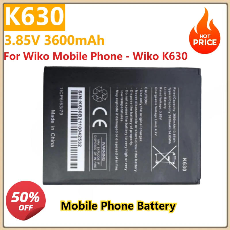 

Сменный аккумулятор мобильного телефона K630 3,85 В, 3600 мАч для мобильного телефона Wiko — литиевые аккумуляторы Wiko K630