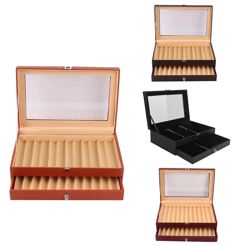 

24 Slots Wooden Pen Display Storage Box Luxury 2 Layer PU Pen Case Fountain Pen-Collector Jewelry Organizer