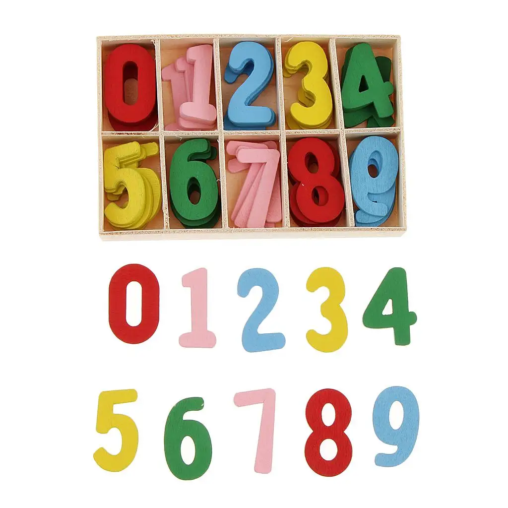 60Pcs Colorful Mini Wood 0-9 Arabic Number Embellishment With Wood Storage Tray for Kids Educational Toys Games for DIY Crafts