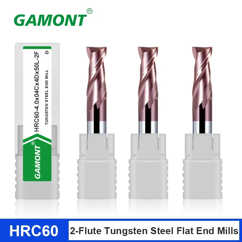 GAMONT HRC60 Tungsten Steel Carbide Keyway Nano Coating 2-Flute Flat Milling Cutter CNC Machinery Center Endmill Tools