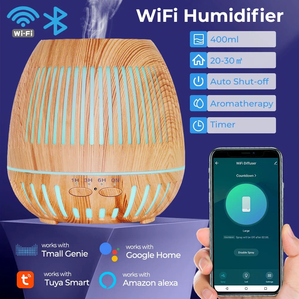 WiFi Smart Luchtbevochtiger Aromatherapie Essentiële Olie Diffuser 7 Kleuren LED Nachtlampje Cooling Mist Home Aromatherapie Machine