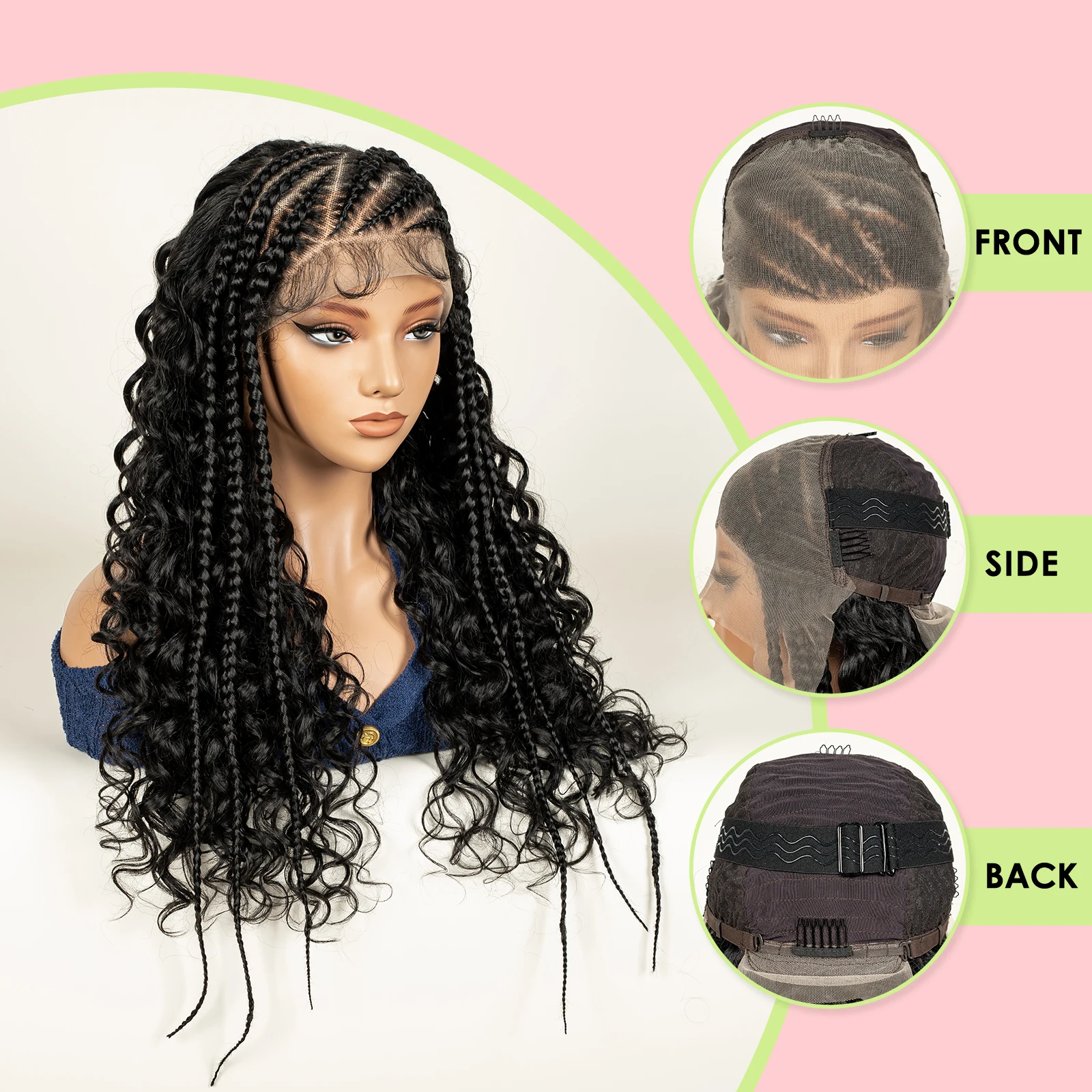 Fits Black WomenHalf Cornrow Braided Curly Hair Wig Transparent 13x6 Lace Frontal Deep Wave Synthetic Hair Wig with Baby Hair