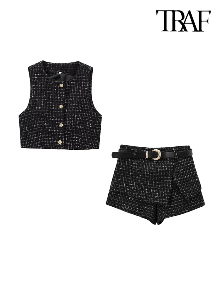 TRAF Women Fashion With Gold Buttons Tweed Waistcoat And High Waist With Belt Shorts Skirts Female Two Piece Sets Mujer