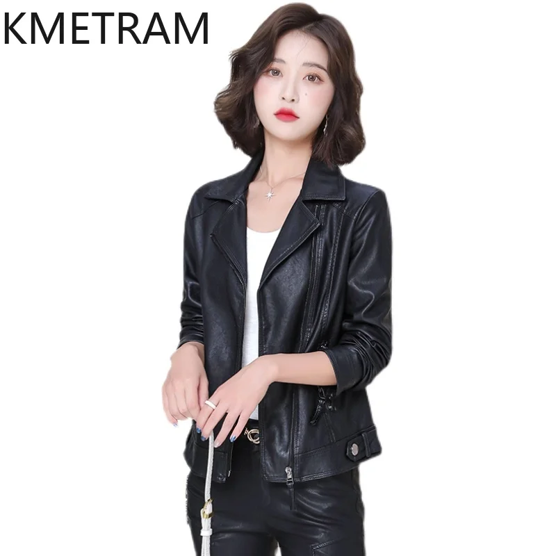 KMETRAM-Veste courte en cuir de mouton véritable pour femme, vêtements de moto, imbibés, printemps, automne, 2024