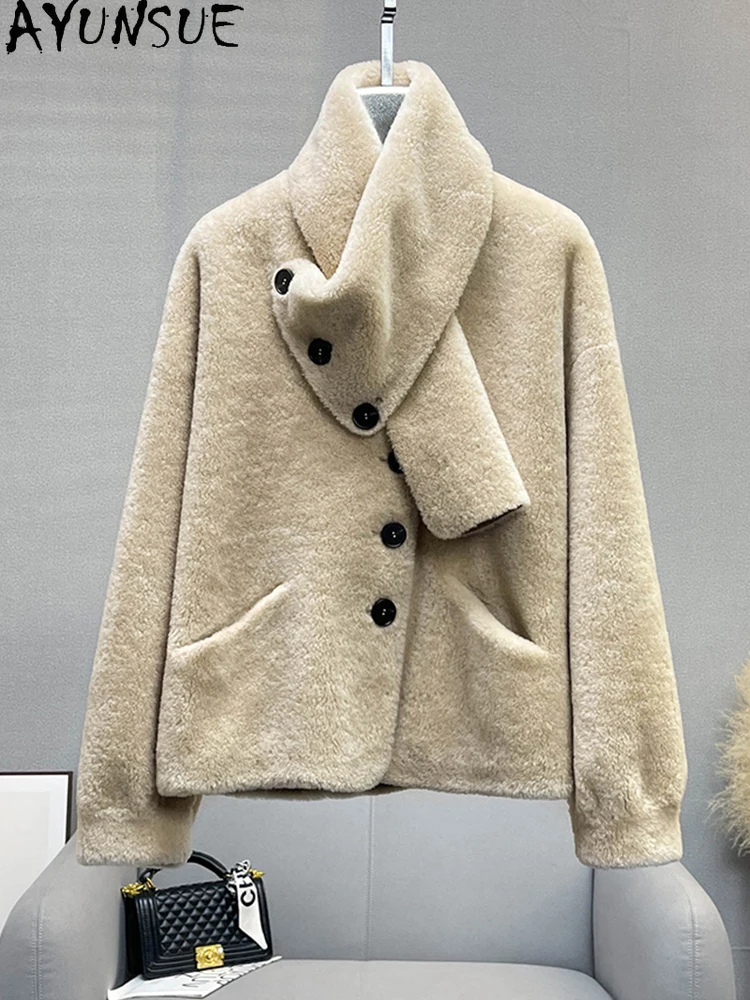 AYUNSUE 100% Naturalna Wełna Odpinany Szal Damska Kurtka 2025 Nowa Jesienno-Zimowa Kurtka z Futra Jagnięcego Odzież Damska Ropa Para Mujer