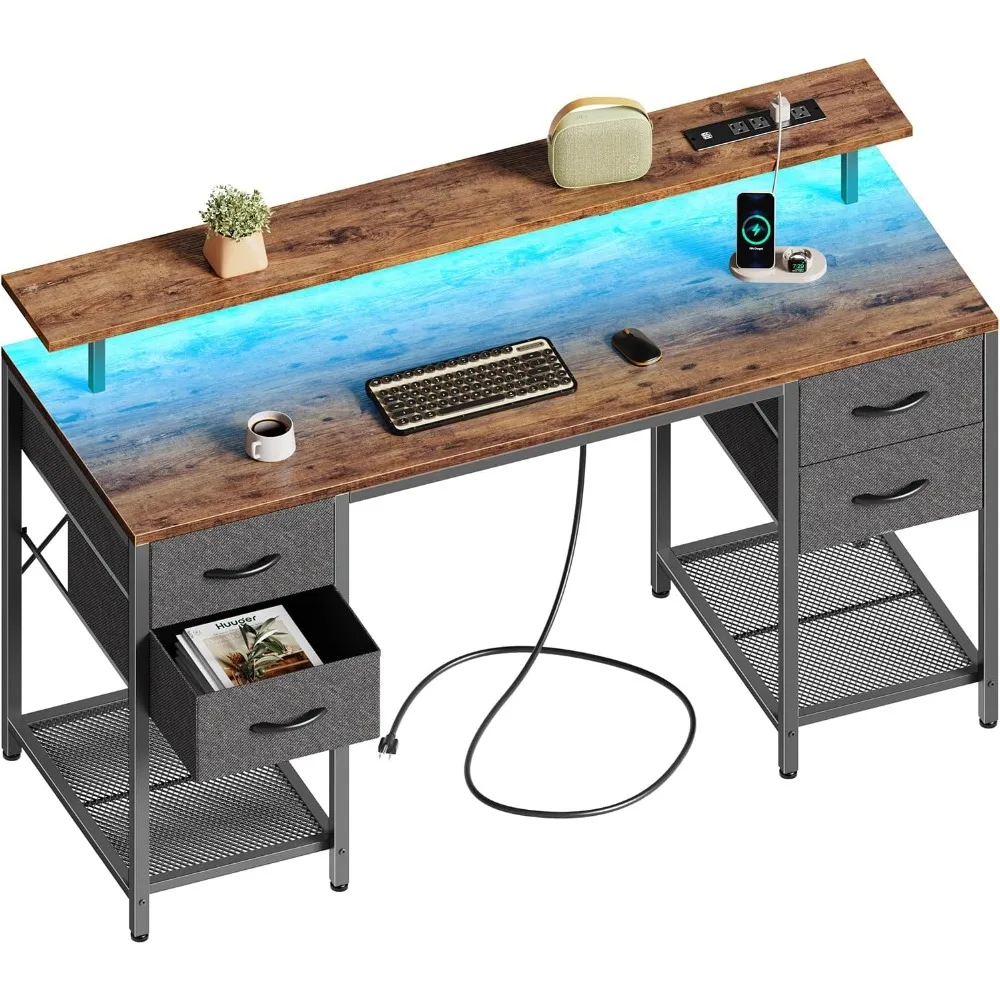 55 inch Computer Desk with 4 Drawers, Gaming Desk with LED Lights & Power Outlets, Home Office Desk with Large Storage