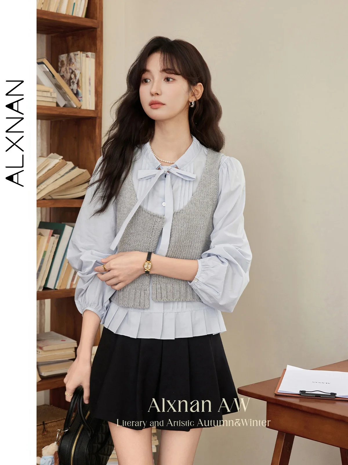 ALXNAN Gray Knitted Sweater Vest Woman 2025 Autumn Winter U-neck Single Button Slimming Basics Tank Tops Sold Separately L50603 - Image 3