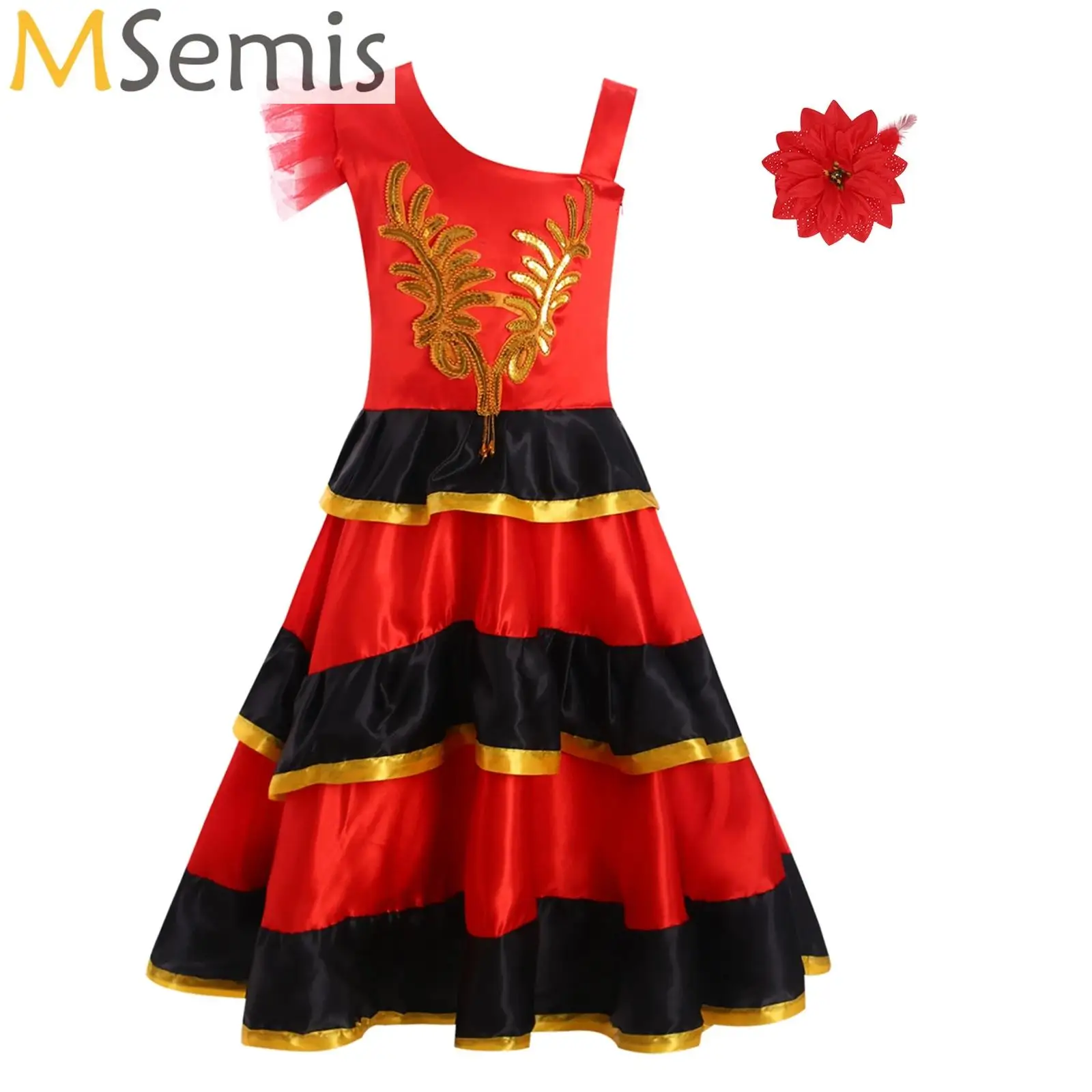 Vestido tradicional espanhol de dança de flamenco para meninas clássico estilo cigano saia tourada festival mexicano menina vermelha