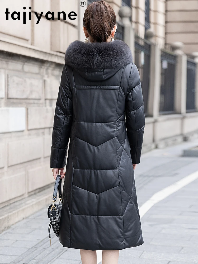 TAJIYANE Schaffell-Gänsedaunenmantel für Damen, Fuchspelzkragen, echte Lederjacken, Premium-Damen-Oberbekleidung, 2025, Winter-Damenkleidung