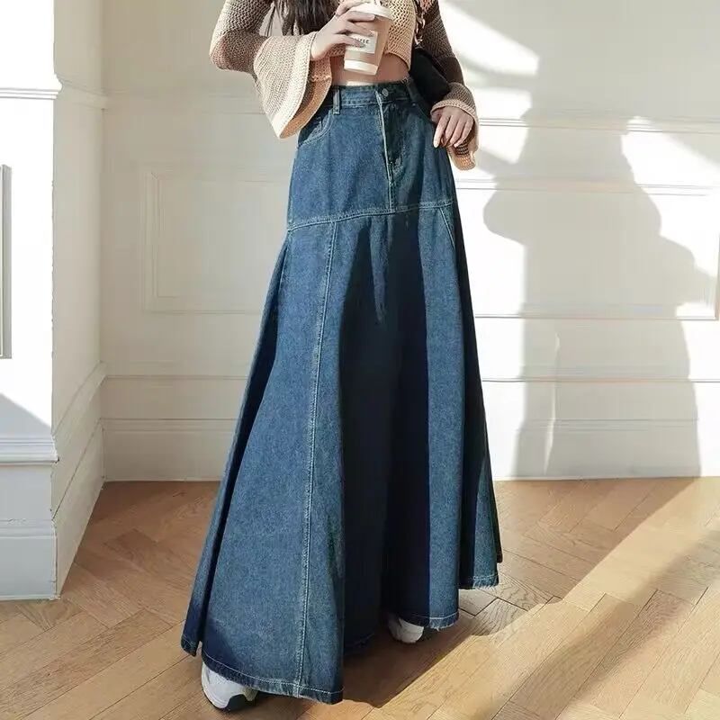 

High Waist Maxi Denim Skirts Women Summer Autumn Pockets Jeans Skirt Ladies Korean Fashion Skirts Jupe Femme