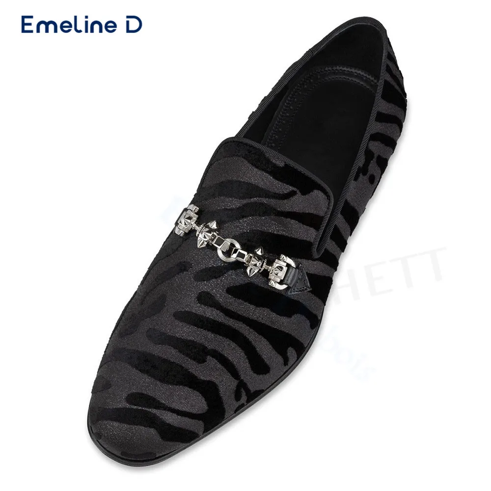 Hardware Chain Decorated Loafers Zebra Pattern Suede Matte Casual Shoes Slip-On Thick Heels Fashionable Trendy Men's Shoes