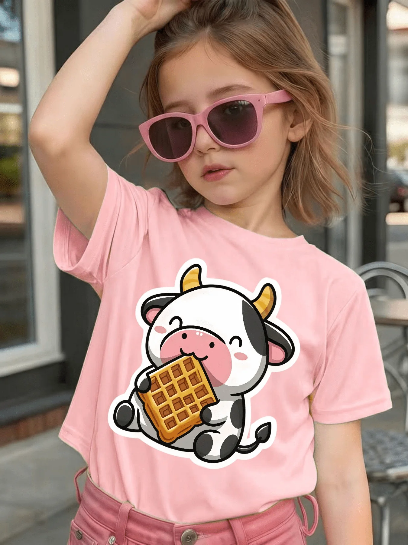Cute Cow Eating Waffle Cartoon Graphic Kids Tee Boys Girls Family Matching Cotton Crew Neck Short Sleeve Soft Summer Tee