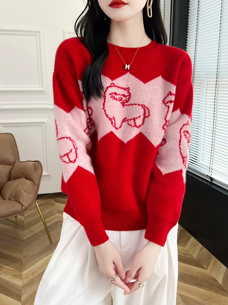 

Casual Autumn Winter Women 100% Merino Wool Sweater O-Neck Cartoon Knitted Pullover Basics Cashmere Clothing Top