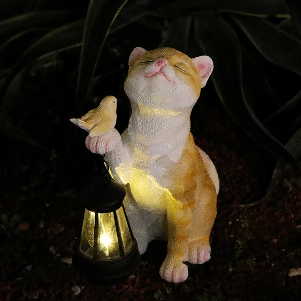 Solar Animal Lamp Solar Little Cat Lamp Resin Mini Statue Cat Outdoor Lantern Garden Ornament Light for Yard Balcony Pathway