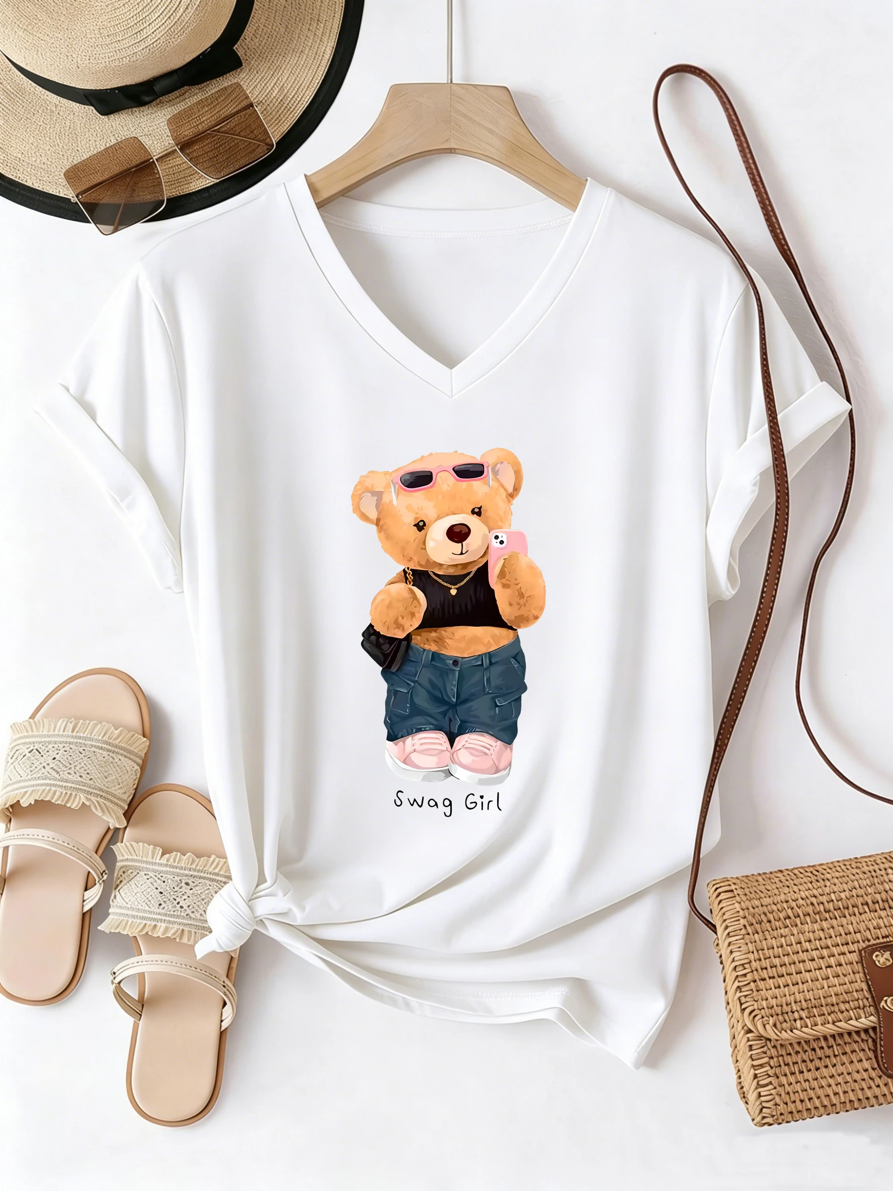 Hip-Hop Bären T-Shirt mit V-Ausschnitt Lässiges Modisches Grafik-T-Shirt für Damen und Mädchen Kurzarm-T-Shirt V-Ausschnitt Sommer Frühling