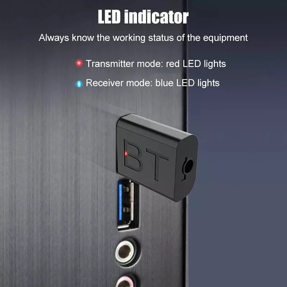 AUX 블루투스 5.0 오디오 수신기 송신기, 무선 3.5MM 잭 오디오 어댑터, LED 표시기, 2 in 1 BT 어댑터