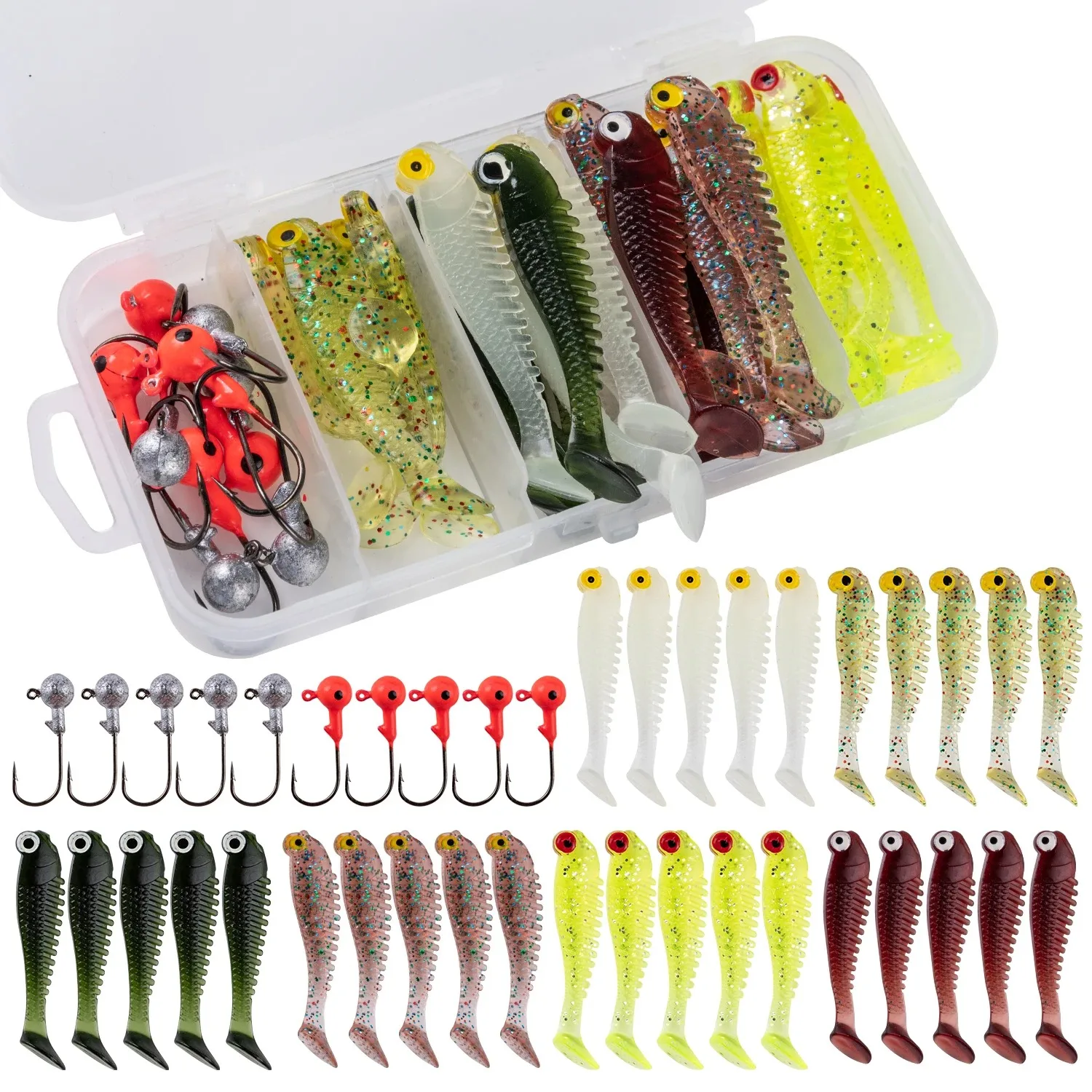 

40pcs Soft Fishing Lures Kit with Jig Head Hooks Curly Tail Grub Worm Jigging Box for Bass Trout Panfish Freshwater