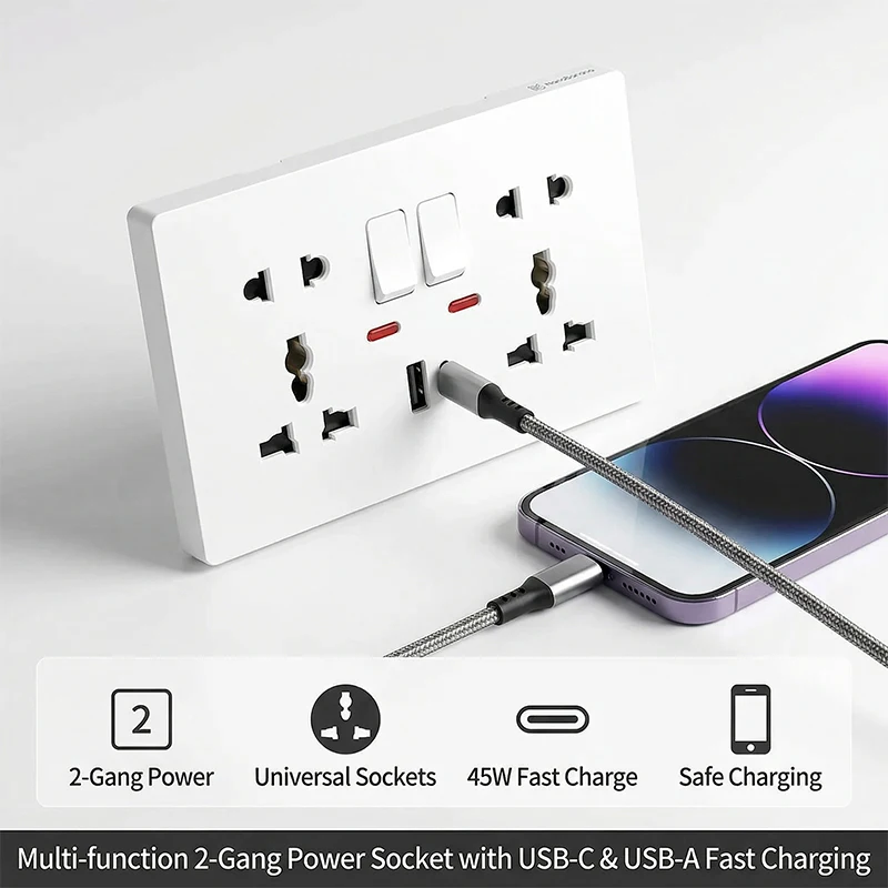 

Universal 2-Gang Wall Socket with USB-C & USB Charger - AC 110–250V Flush Mount Power Outlet with Switches & LED Indicator