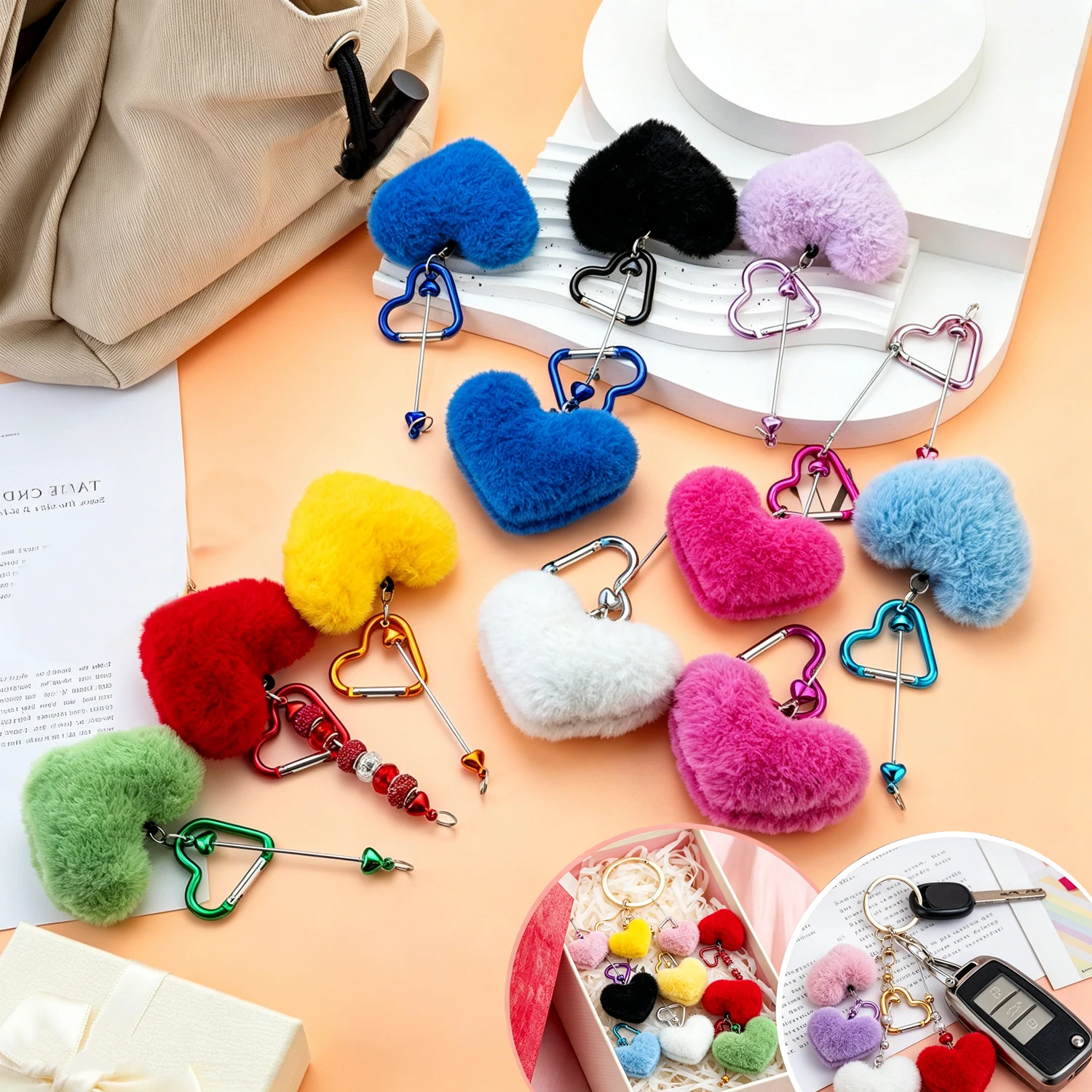 

12-60Pcs New DIY Heart Shaped Carabiner Plush Pom Pom Keychain Cute Love Lock Buckle Bag Pendant Decor