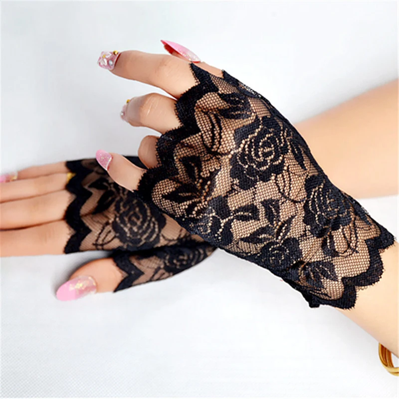 1pair Women Short Lace Half-finger Uv Protection Black Glove Bride Wedding Breathable Fingerless Outdoor Scar Cover Driving Thin