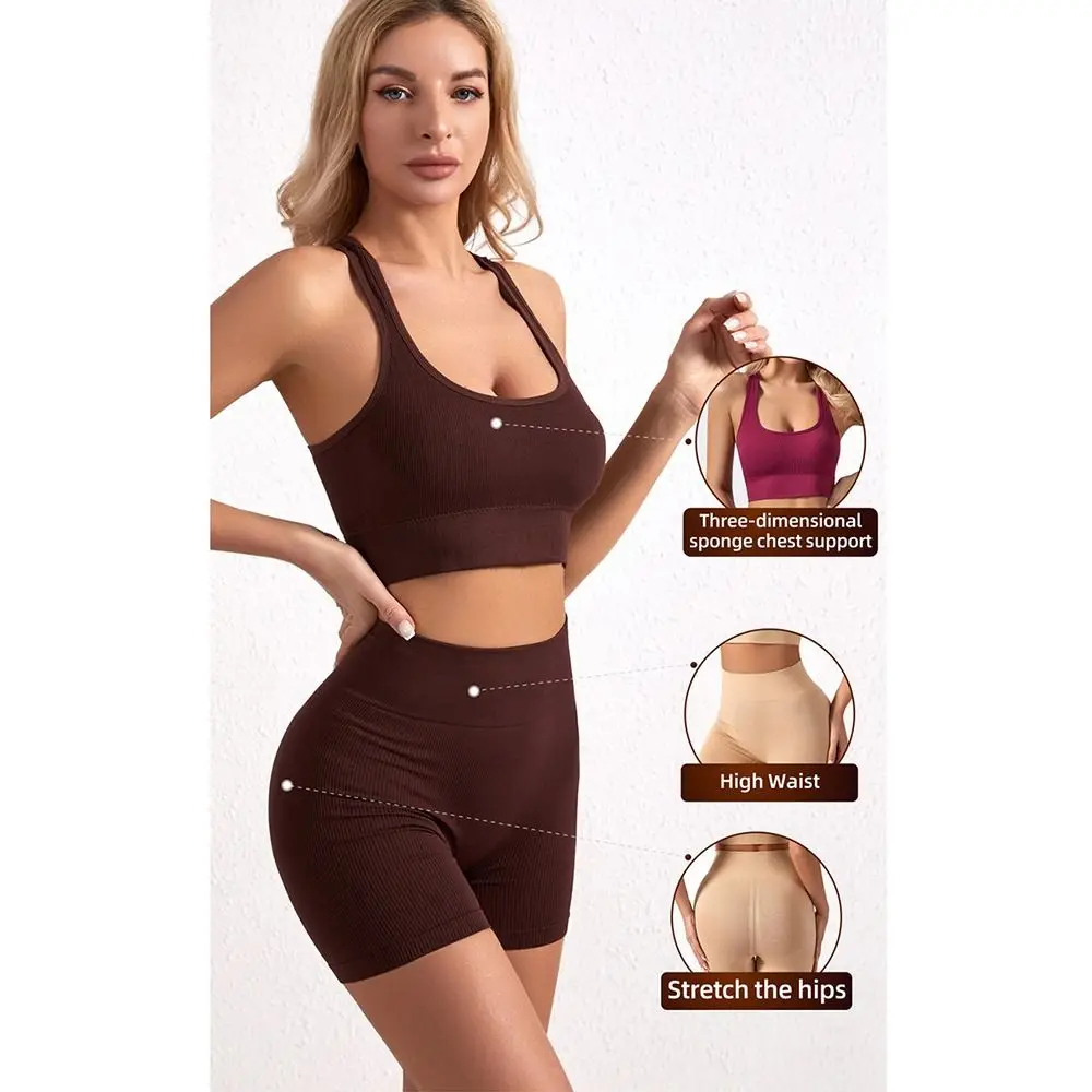 2 Pieces Seamless Workout Outfits Ribbed Sport Bra Crop Matching Active Set High Waist Short Sleeveless Activewear Set Gym