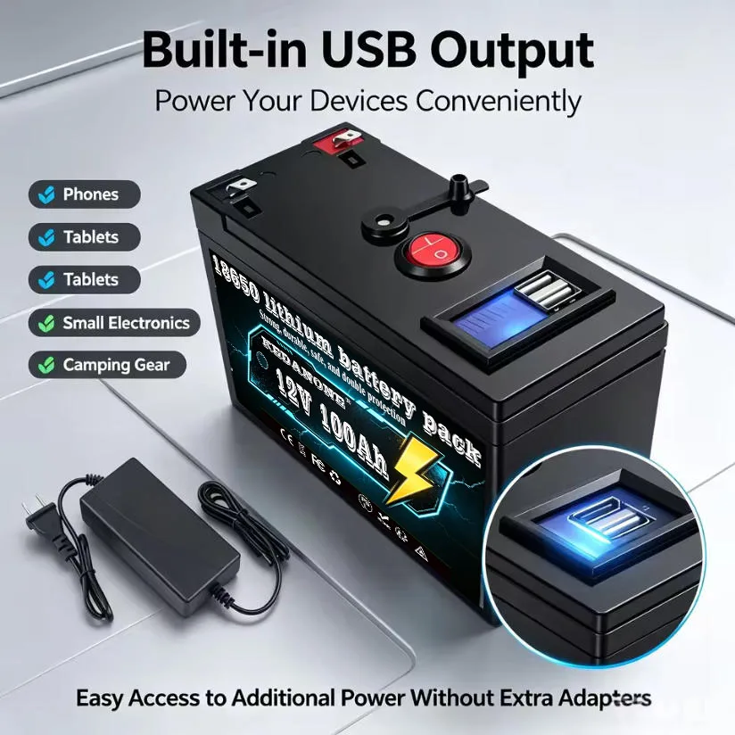 Portable 12V Battery 100Ah 18650 Rechargeable  Lithium Battery Built-in 5V 2.1A Usb Power Display Port Charger+12.6V 3A charger