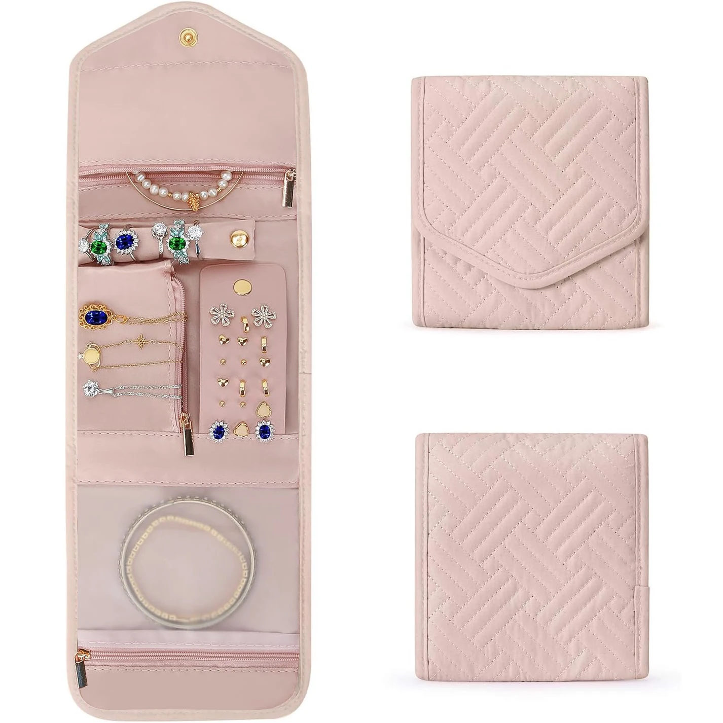 

Travel Jewelry Organizer Case Foldable Jewelry Roll for Journey-Rings, Necklaces, Earrings, Bracelets,Mini,Soft Pink