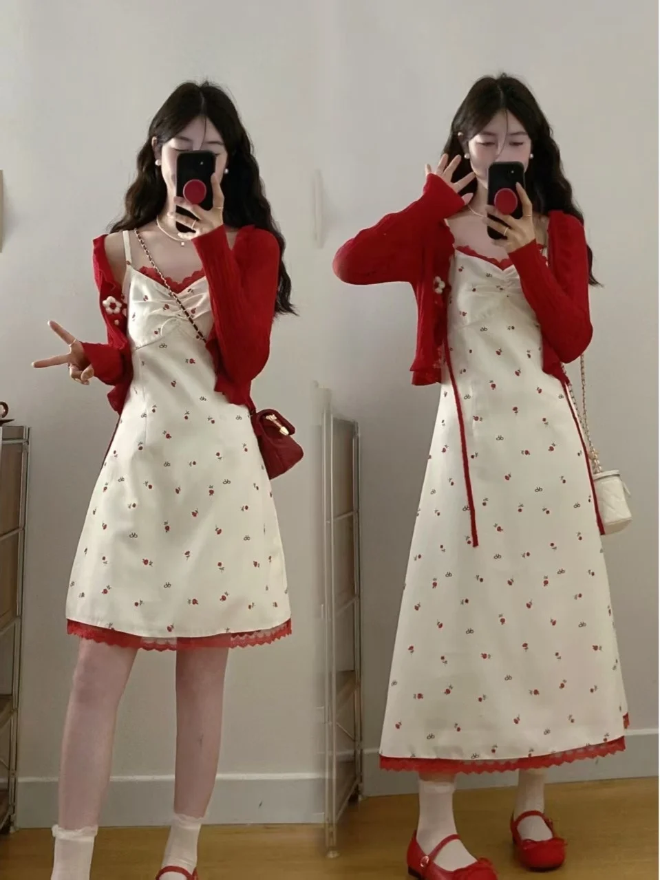 

Sweet Large Size Red Print Strap Dress Two-Piece Set for plus Size Women Slimming Waist Design Midi And Maxi Skirts