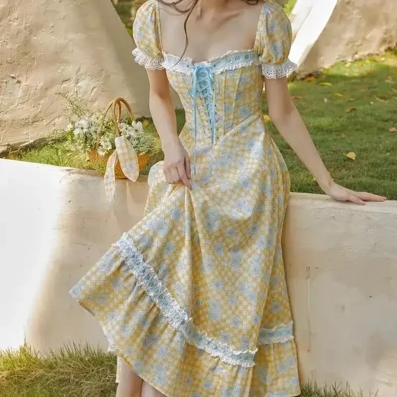 NONSAR French Pastoral Printed Fresh Lacing-up Webbing Dress Women Sweet Gentle Summer Travel Beach Long Victorian Plaid Dress