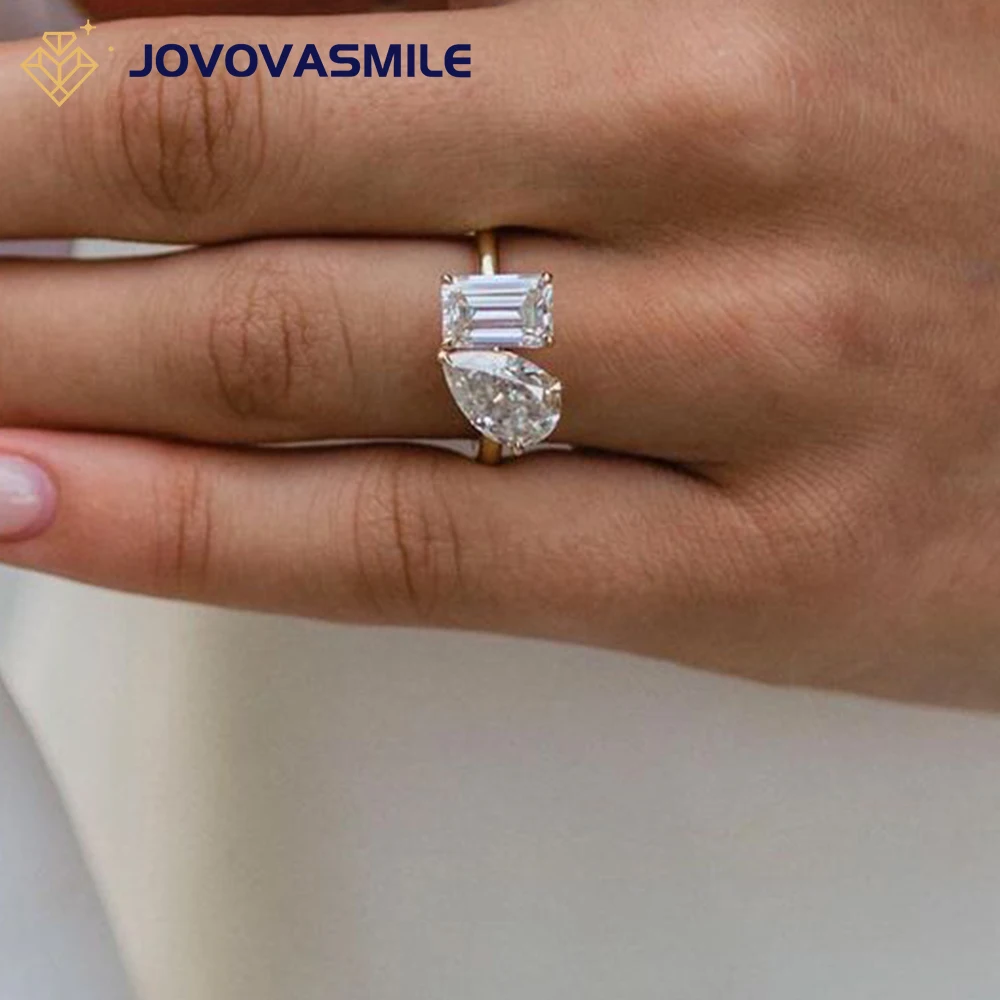 

JOVOVASMILE Fine Jewelry Moissanite Ring Crushed Ice 2.5ct Pear and 2ct Emerald Cut Real Original 18k Gold for Woman Wedding