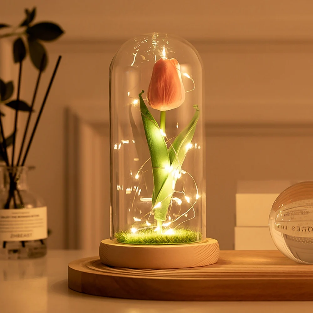 Artificial Flower Sunflower Tulip Glass Dome for Mother's Day Valentine's Day Gift Home Decorations LED Night Lamp Bedroom Decor