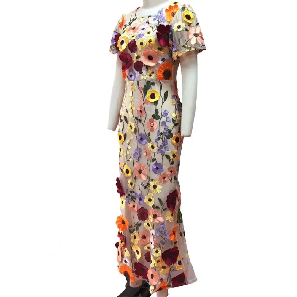 Women Fishtail Dress Round Neck Puff Short Sleeve Embroidered 3D Flower Decor Midi Dress Hip Wrapped Long Dress Длинная Юбка