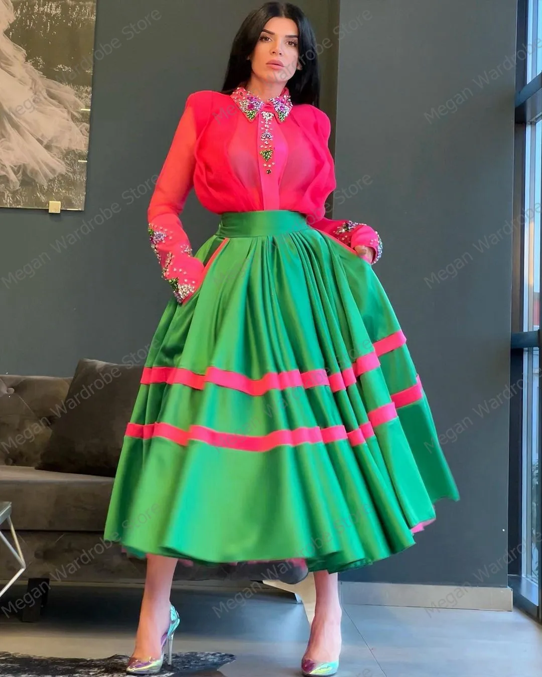 New Designs Mid Calf Satin Skirts Fashion Mix Color Green Zipper Long Skirt Mesh Lining Party Skirt Women Custom Made Faldas