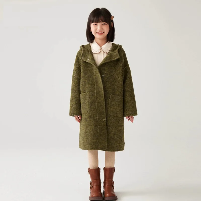 Children\'s Clothing 2023 Autumn winter New Camel Colored Double-sided Hooded Coat Children\'s Stylish Medium Length Woolen Coat